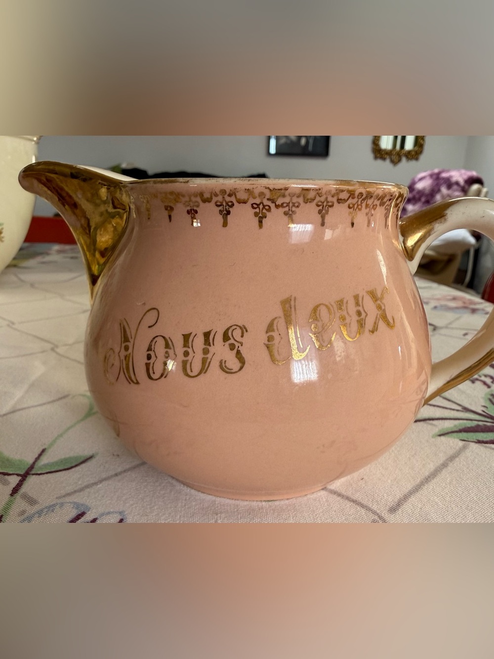 Vintage Villeroy & Boch "Nous Deux" Pink Ceramic Milk Jug Creamer Gold Trim 1950